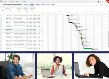 Bauzeitenplan mit Personen im Büro